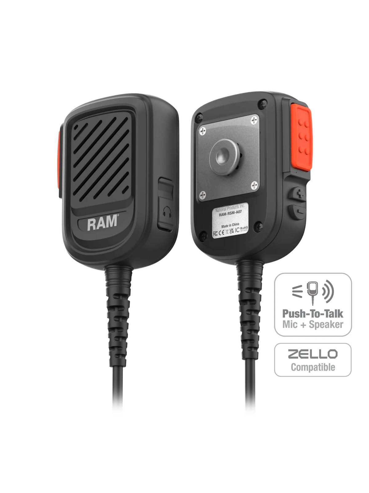 RAM Mounts Handmikrofon mit Lautsprecher für Zello-Systeme - gewendeltes Kabel mit USB-C Stecker