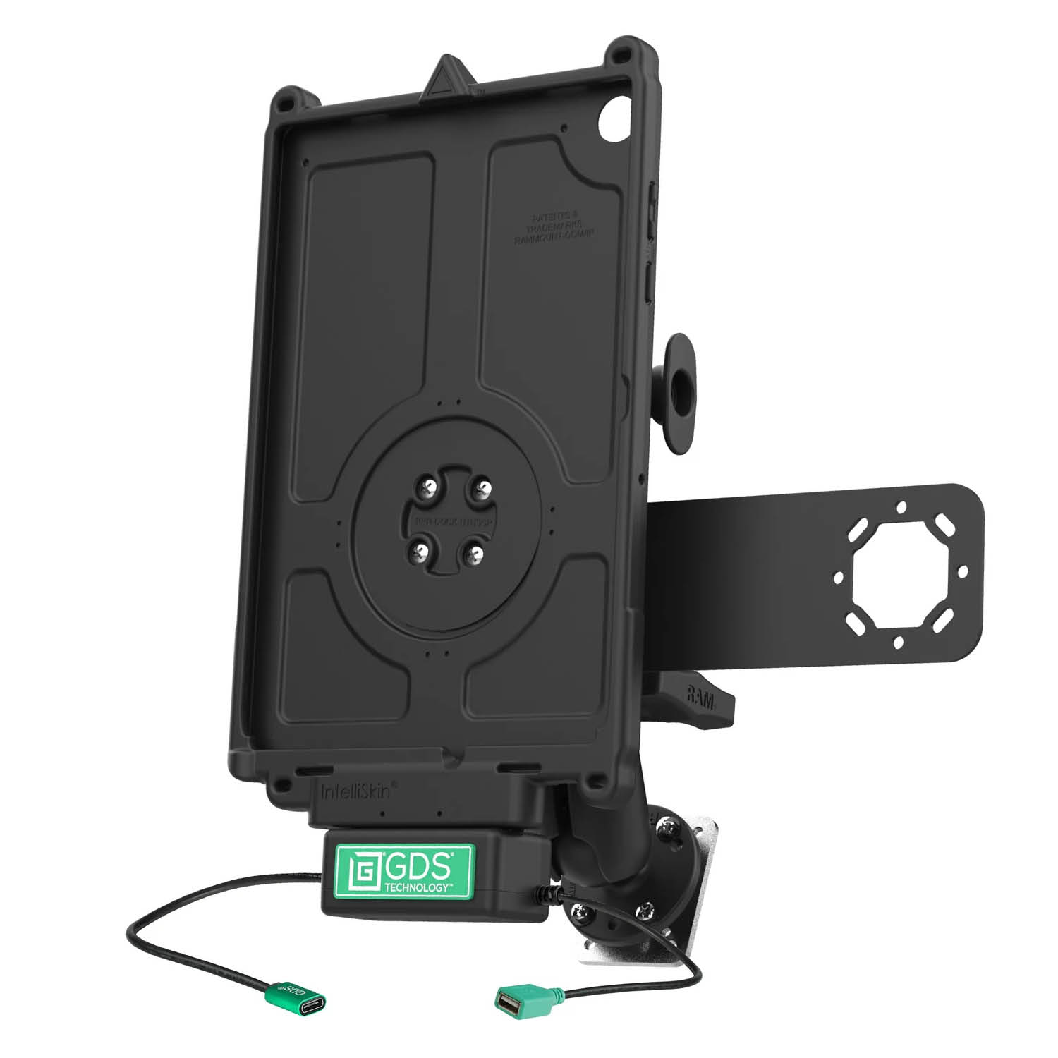 RAM Mounts GDS Uni-Conn™ Fahrzeug-Ladestation für Samsung Tab A11+ in IntelliSkin Schutzhülle - C-Kugel (1,5 Zoll) - Aufnahme für Handmikro - USB-C/-A Anschluss