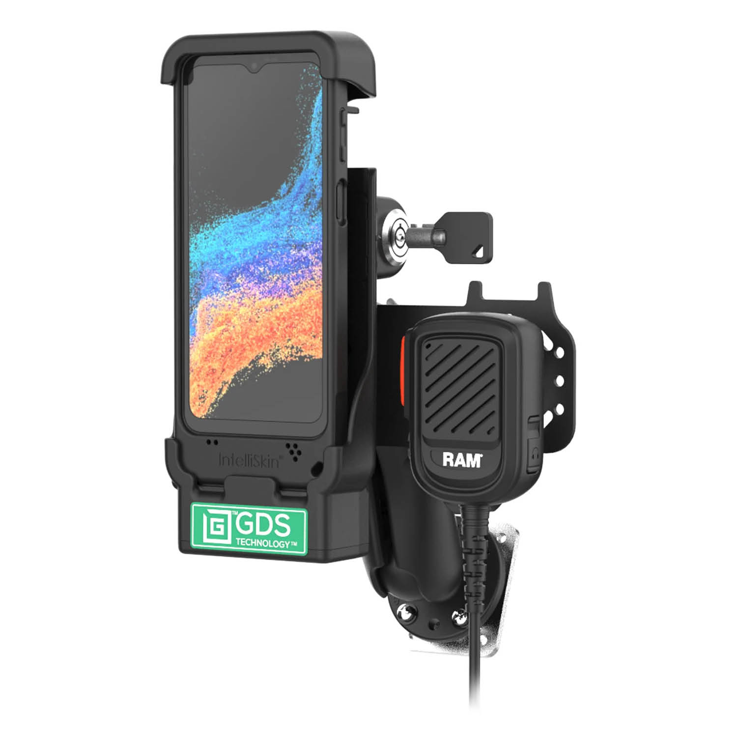RAM Mounts GDS PTT Speaker Mic Kit (Kodiak) Bundle für Samsung XCover7 Pro & XCover6 Pro in IntelliSkin Schutzhülle - Abschließbar (Pin-Lock) - USB-C Anschluss - Aufbau-Set