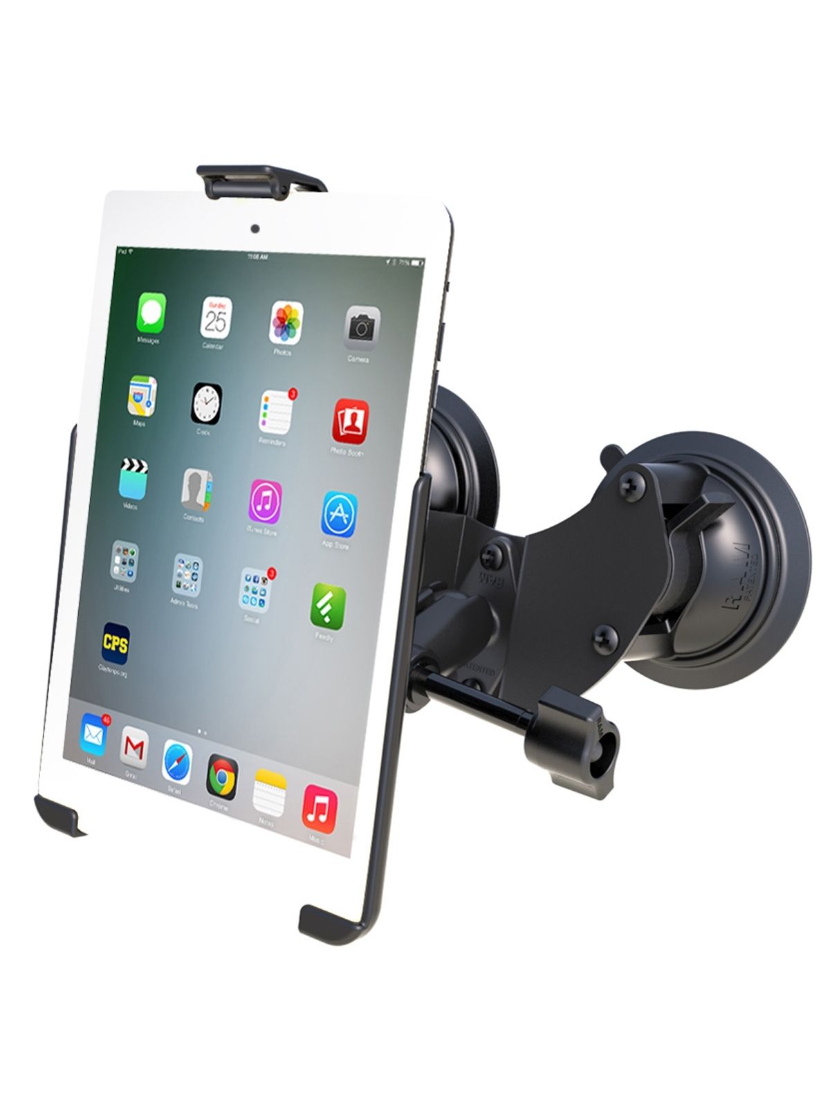 RAM Mounts Doppel-Saugfuss-Halterung für Apple iPad mini 1-3 - B-Kugel (1 Zoll), EZ-Roll'r-Halteschale, mittlerer Verbindungsarm (mit langem Feststellhebel)