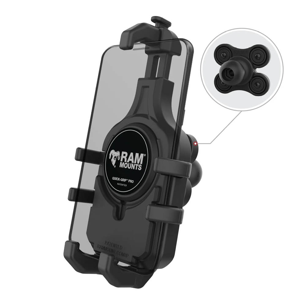 RAM Mounts Quick-Grip™ Pro Universal Halteschale für Smartphones mit Vibrationsdämpfung inkl. Trapez-Basisplatte - B-Kugel (1 Zoll), MagSafe kompatibel
