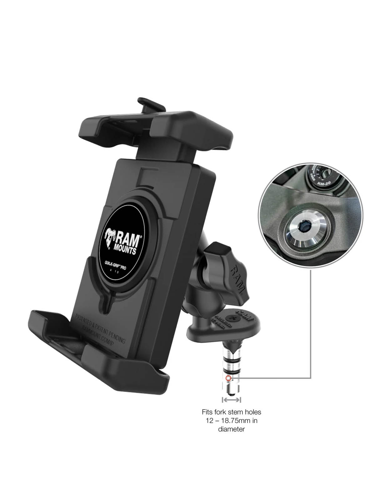 RAM Mounts Quick-Grip Pro XL Motorrad-Set für Lenkkopfhalterung - B-Kugel (1 Zoll), Kurzer Verbindungsarm (ca. 61,46 mm) - Lenkerkopf-Basis (12-18 mm)