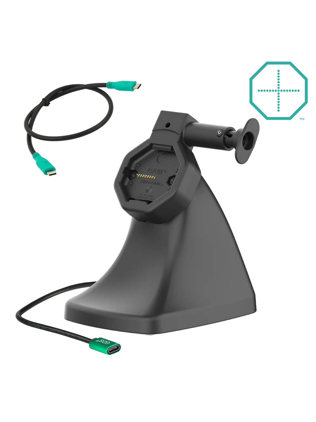 RAM Mounts GDS Uni-Conn Snap-In Stand-Dockingstation - Rückseitige Pogo-Pins, Lösemechanismus, USB-C-Anschluss