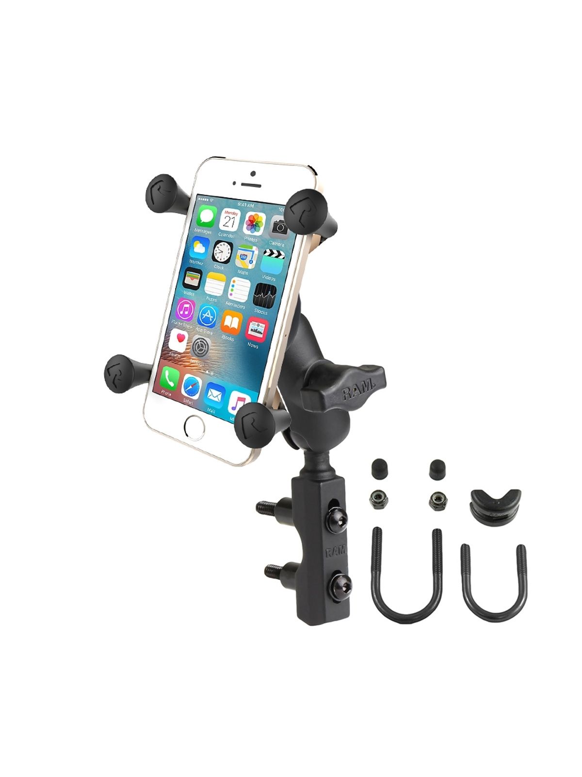 RAM Mounts X-Grip Motorrad-Halterung für Smartphones - Bis 82,55 mm Breite - Kurzer Verbindungsarm - Basisbefestigung (Lenker/Bremse/Kupplung/Rohre - 12,7 mm - 31,75 mm Durchmesser) - B-Kugel (1 Zoll) - Schrauben-Set