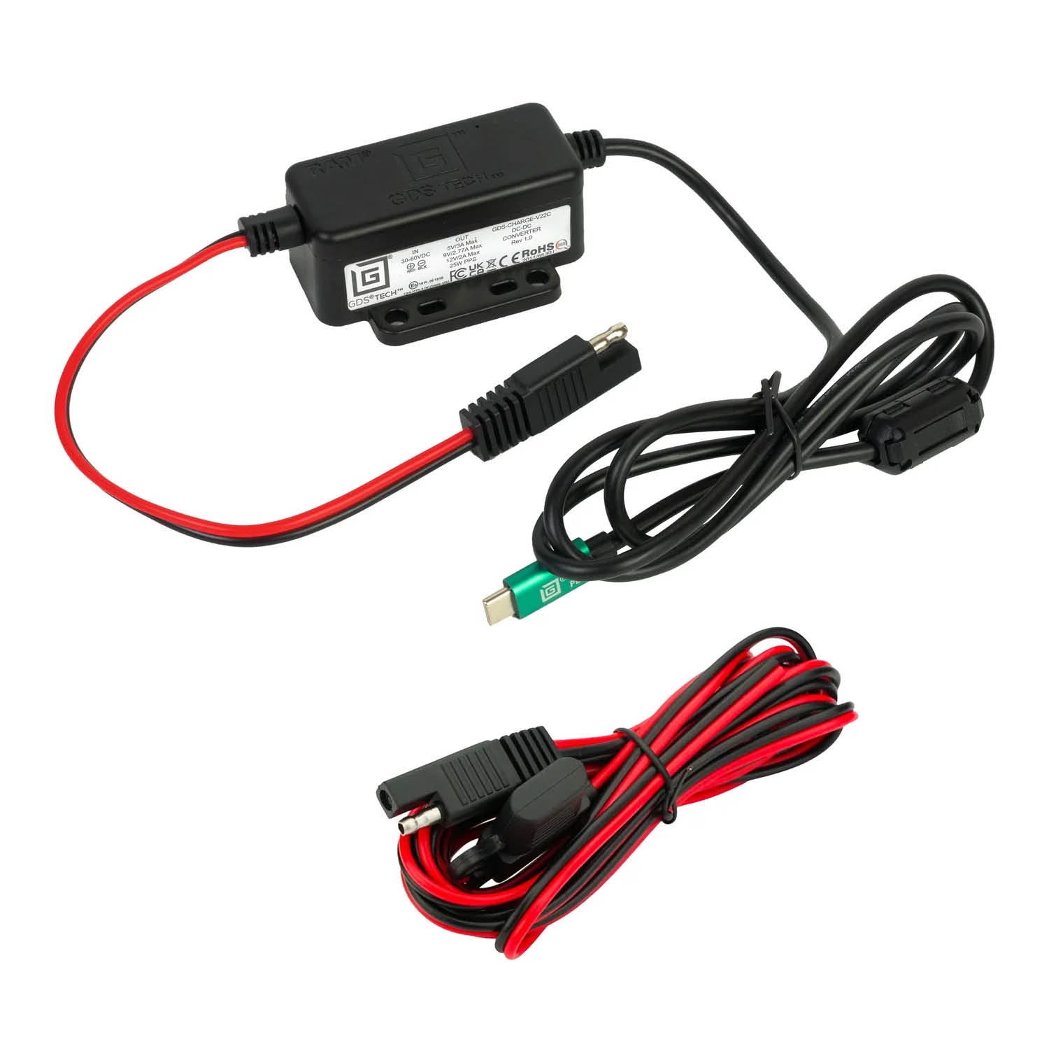 RAM Mounts GDS Strom-Modul - SAE/offene Enden - 30-60V DC Eingang - 5-12V DC Ausgang - 25W - Power Delivery - USB-C-Stecker