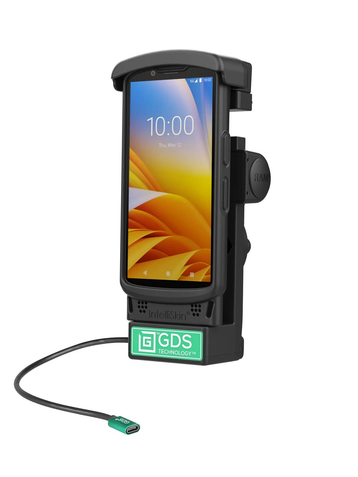 RAM Mounts GDS Holder for Zebra TC2x & TC5x Series in IntelliSkin Protective Sleeve - Top Scanner Cutout - USB-C Power Supply