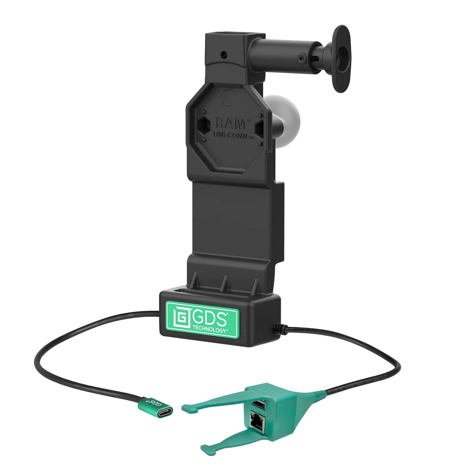 RAM Mounts GDS Uni-Conn Ladedock mit Entriegelungsknopf - 2-Loch AMPS - USB-C & USB-A/RJ45-Anschluss - Schrauben-Set