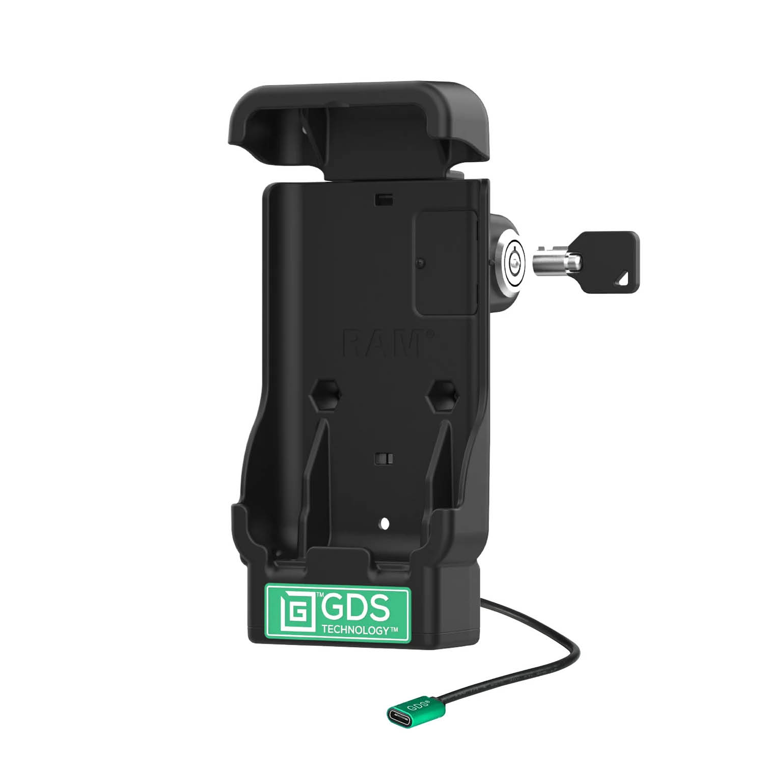 RAM Mounts GDS® Fahrzeug-Ladehalteschale für Samsung XCover7 Pro/6 Pro in IntelliSkin Ladeschutzhüllen - abschließbar (Schlüssel), USB-C, 2-Loch AMPS Aufnahme