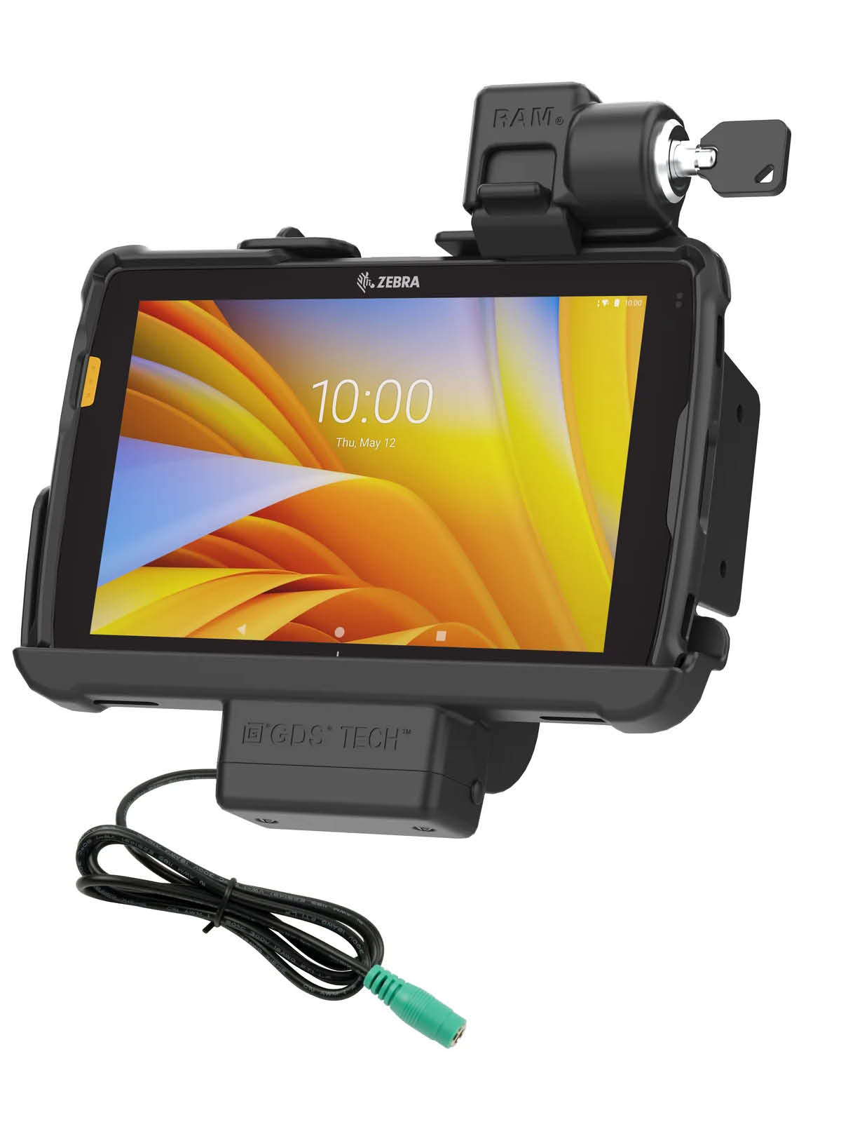 RAM Mounts EZ-Roll'r Halteschale (Schlüsselverriegelung) für Zebra ET40 & ET45 (8“) Tablets - In Rugged Boot - 5.5mm DC-Anschluss