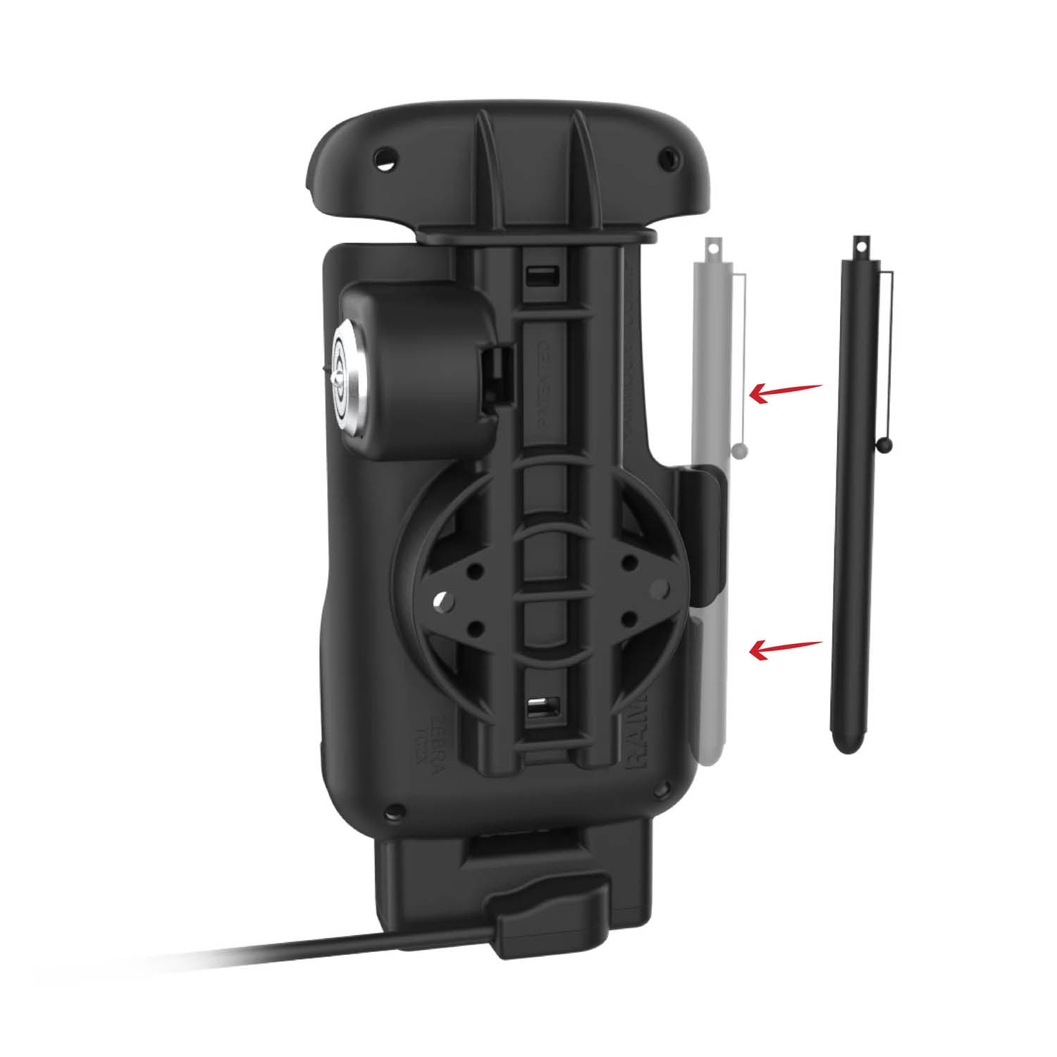 RAM Mounts Form-Fit Holder (Key-Locking) for Zebra TC22 & TC27 with scanner cutout - In Rugged Boot - USB-C Power Supply - 2 Hole Pattern AMPS