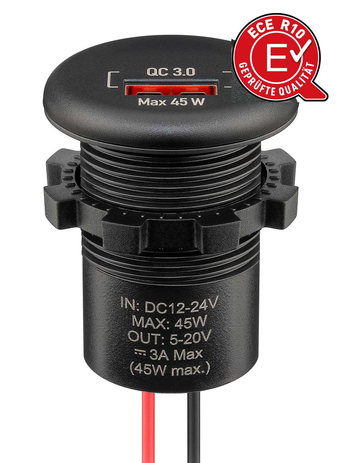 USB-A Einbaucharger mit offenen Kabelenden - max. 45 W, Kabellänge 150 mm