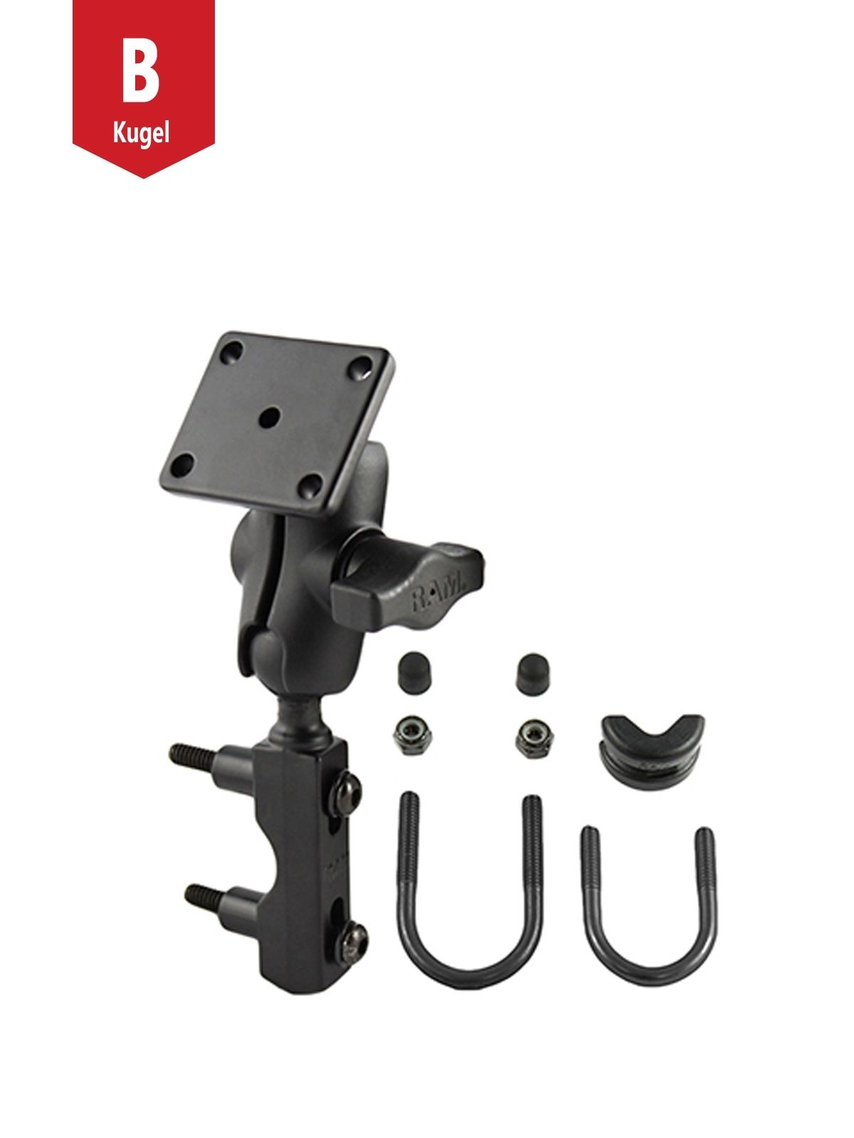 RAM Mounts Motorrad-Set für Lenker, Bremse & Kupplung - B-Kugel (1 Zoll) - 1x Rechteckige Basisplatte (AMPS) - Kurzer Verbindungsarm (ca. 61,46 mm) - 1x U-Bügel Basis (Klemmbereich 12,7 - 31,75 mm)
