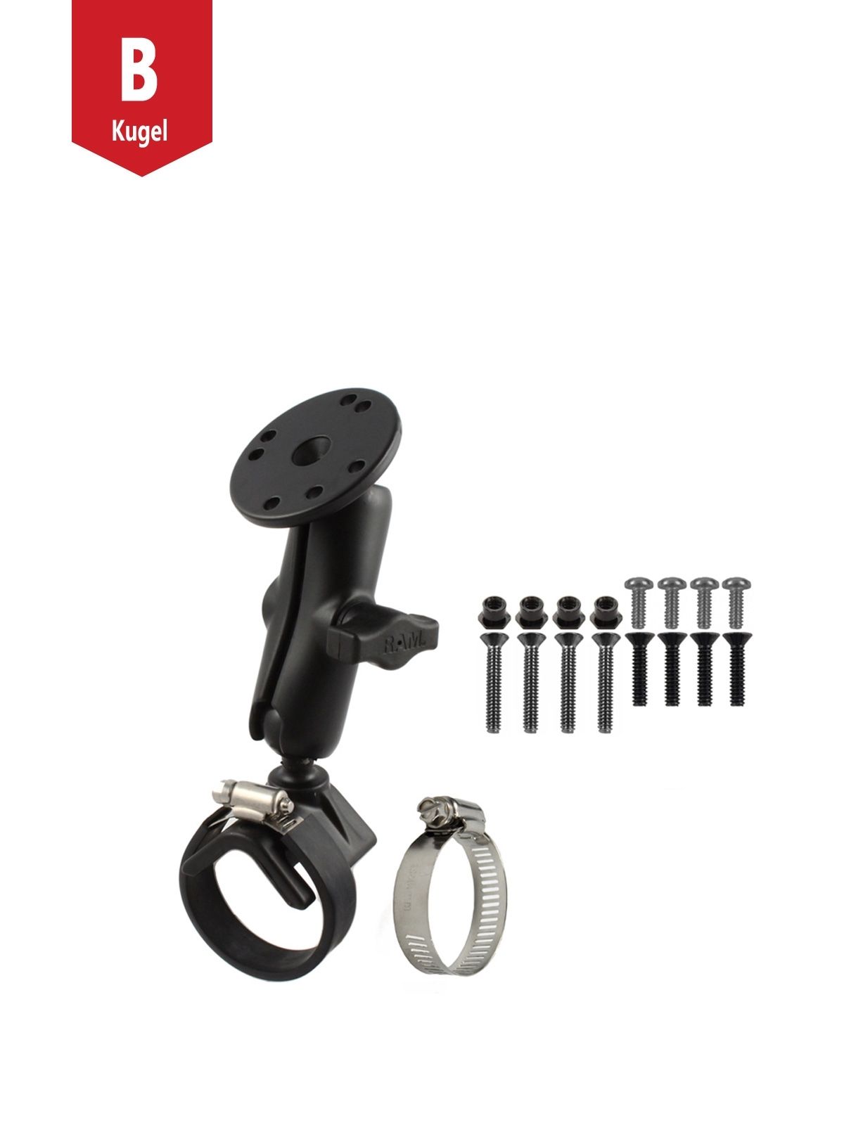 RAM Mounts Set - B-Kugel (1 Zoll), Rohrschelle, mittlerer Verbindungsarm, runde Basisplatte (AMPS), Schrauben-Set