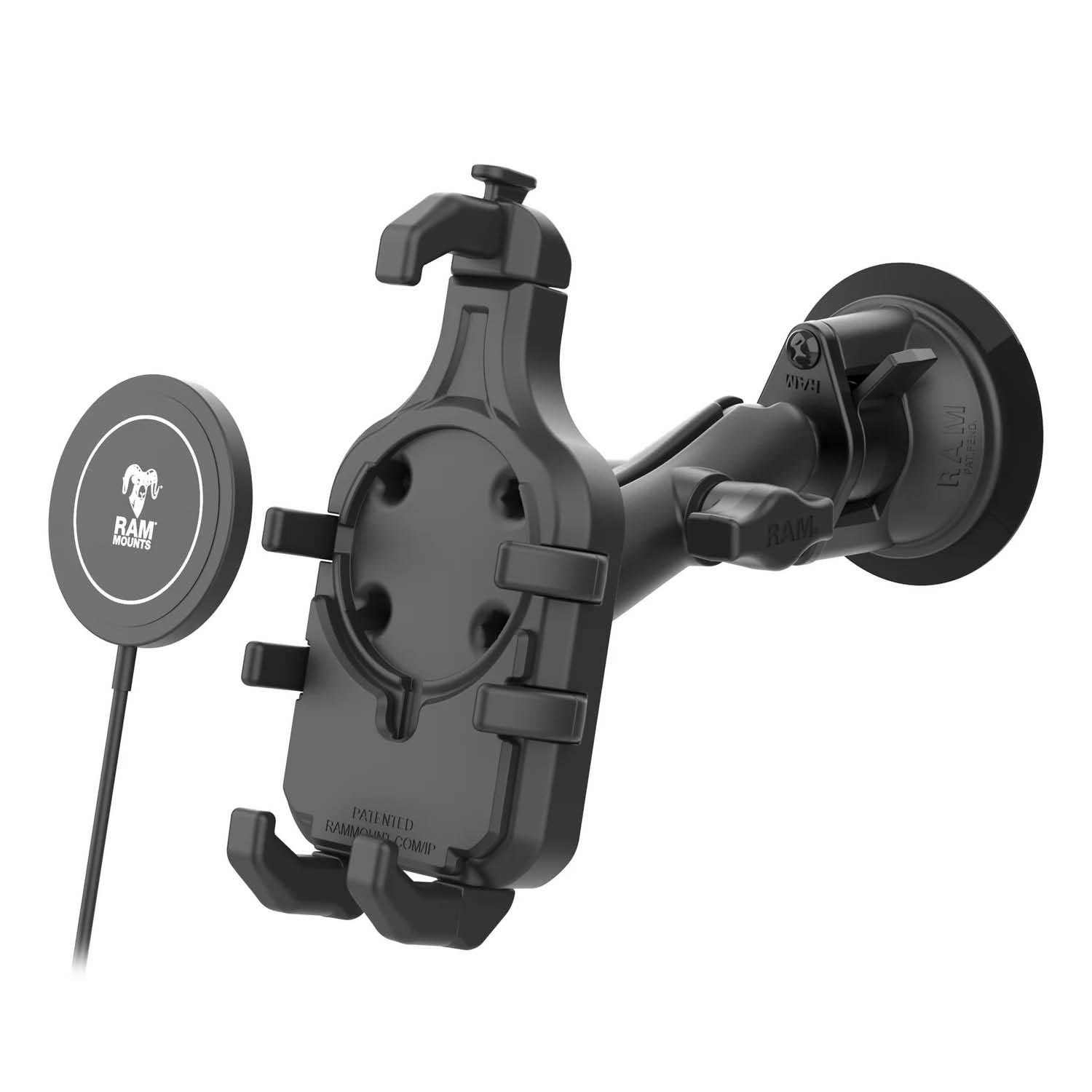RAM Mounts Quick-Grip Pro Saugfußhalterung für Smartphones inkl. RAM Qi2 Wireless Charger - Bis 95,25 mm Breite - Mag-Safe Kompatible - Trapez-Basiskugel - Mittlerer Verbindungsarm - Saugfuß mit Trapez-Basiskugel - B-Kugel (1 Zoll)