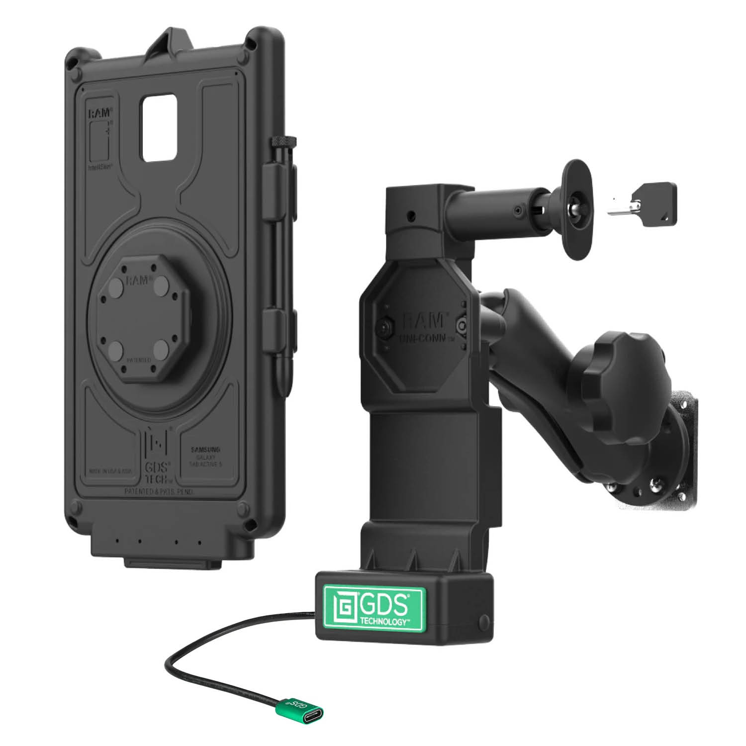 RAM Mounts GDS Uni-Conn Fahrzeug Ladestation (abschließbar) für Samsung Tab Active 5 - C-Kugel (1,5 Zoll), USB-C-Anschluss - 4-Loch AMPS