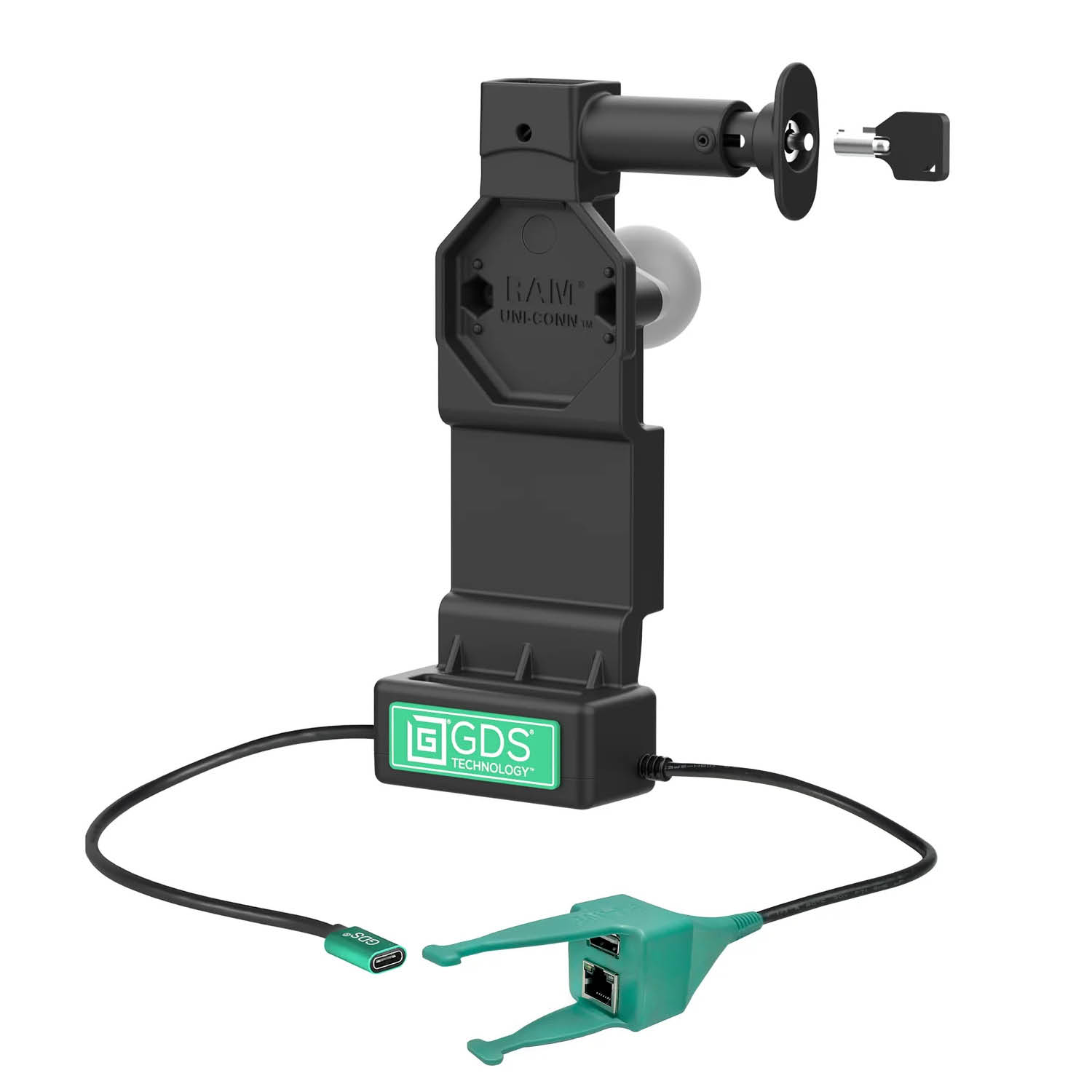 RAM Mounts GDS Uni-Conn Ladedock (Schlüsselverriegelung) mit Entriegelungsknopf - 2-Loch AMPS - USB-C & USB-A/RJ45-Anschluss - Schrauben-Set