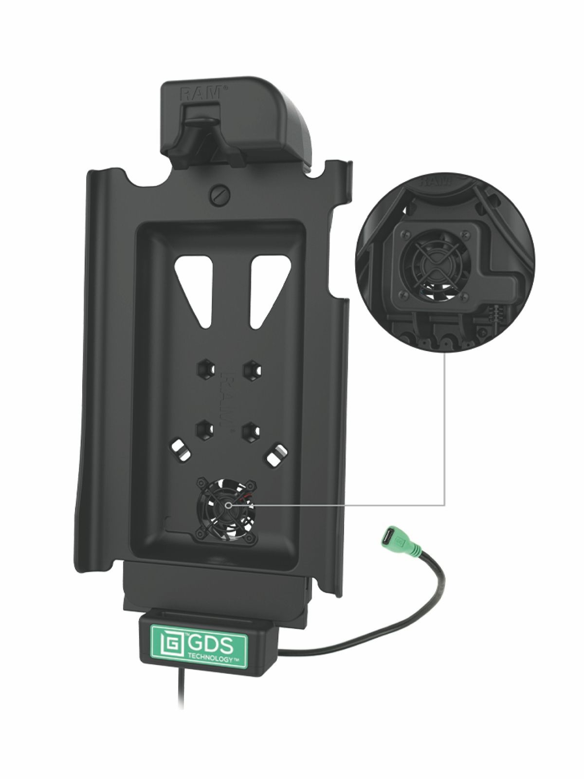 RAM Mounts GDS Cool-Dock Halteschale (Schnappverschluss) für Samsung Tab A 10.5 - in IntelliSkin Next Gen Schutzhülle - Mit Lüfter - USB-C-Anschluss