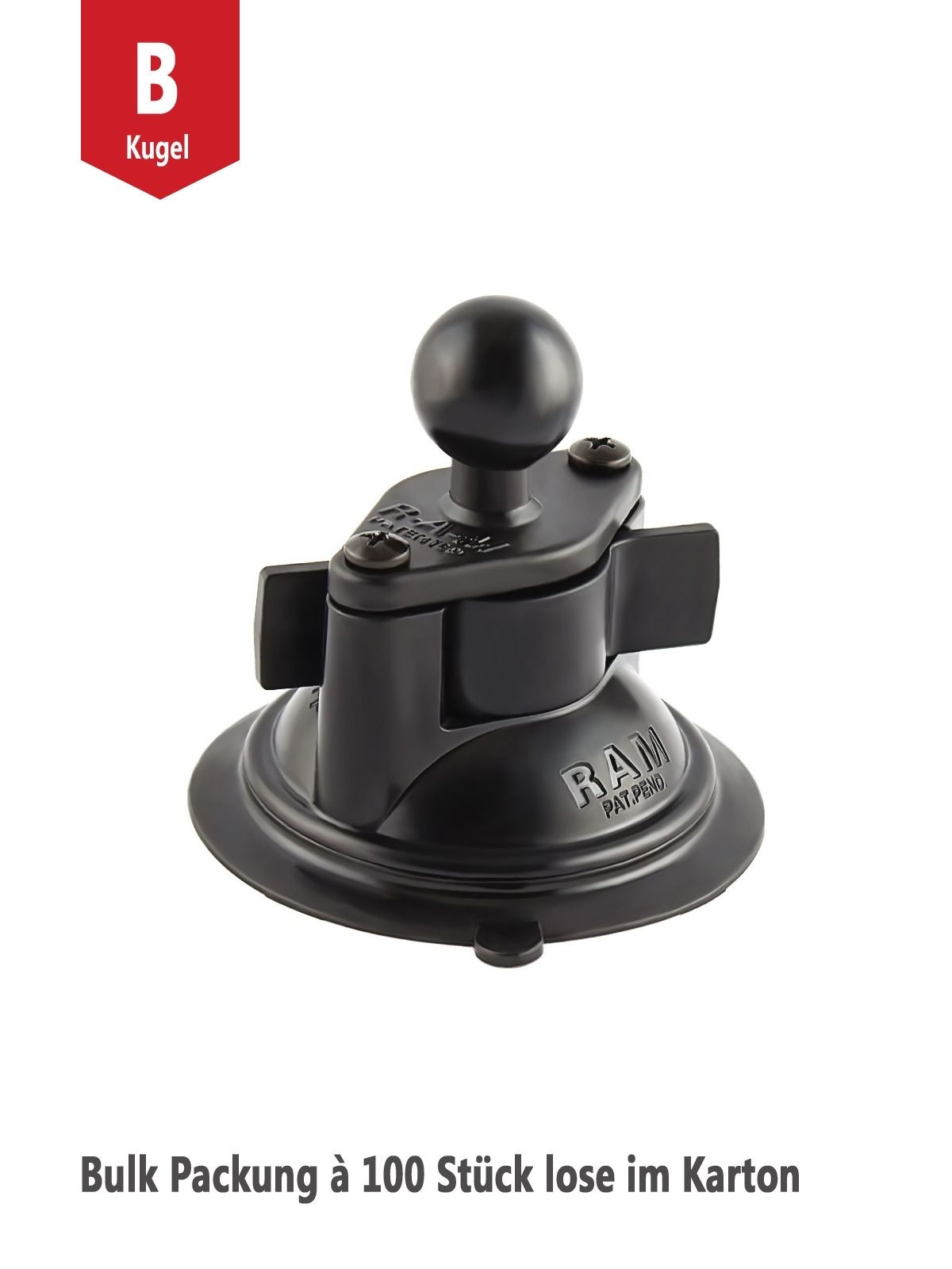 RAM Mounts Saugfussbasis mit Diamond-Basisplatte (Trapez) - B-Kugel (1 Zoll), Bulk Packung à 100 Stück (lose im Karton)