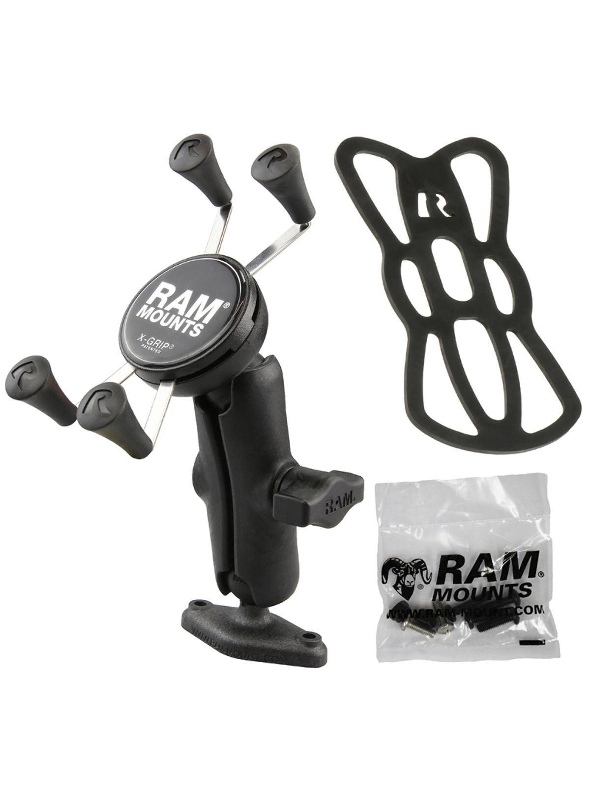 RAM Mounts Verbundstoff Aufbau-Halterung mit X-Grip Halteklammer für Smartphones bis 82,6 mm Breite - B-Kugel (1 Zoll), Diamond-Basisplatte (Trapez), mittlerer Verbindungsarm