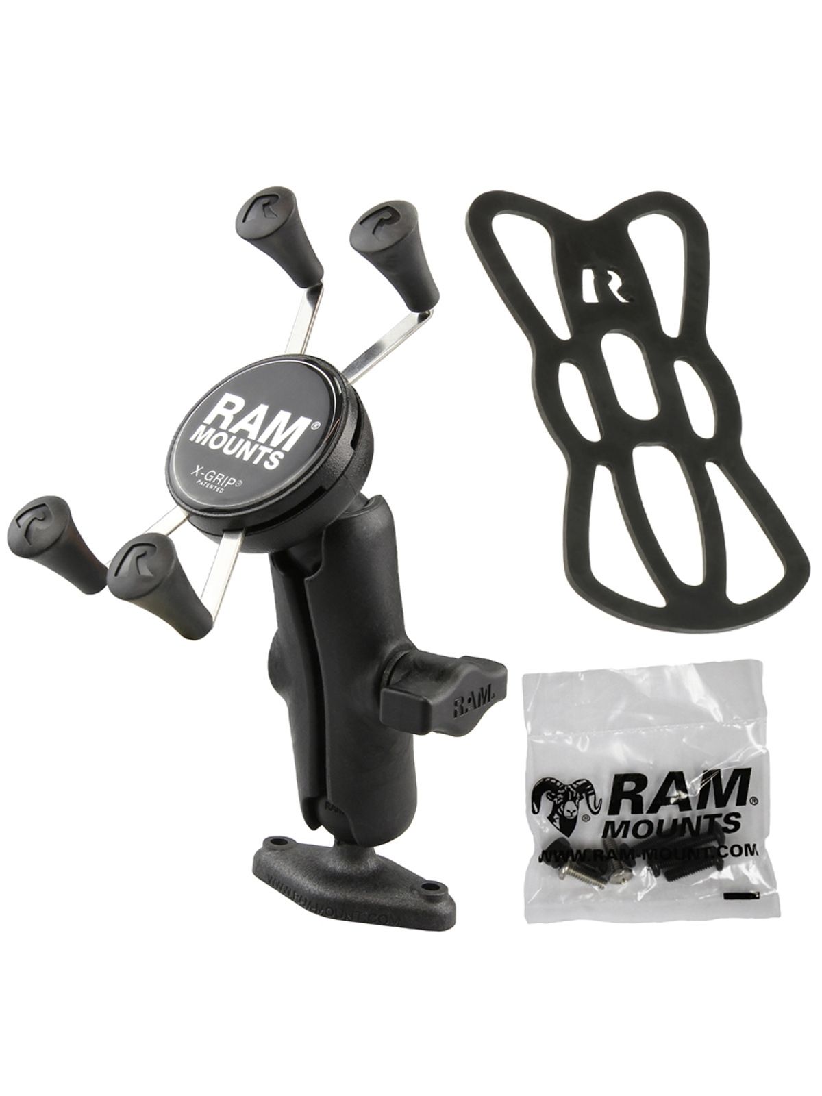RAM Mounts X-Grip Aufbauhalterung für Smartphones (Verbundstoff) - Bis 82,55 mm Breite - Mittlerer Verbindungsarm - Diamond-Basisplatte (Trapez) - B-Kugel (1 Zoll) - Schrauben-Set