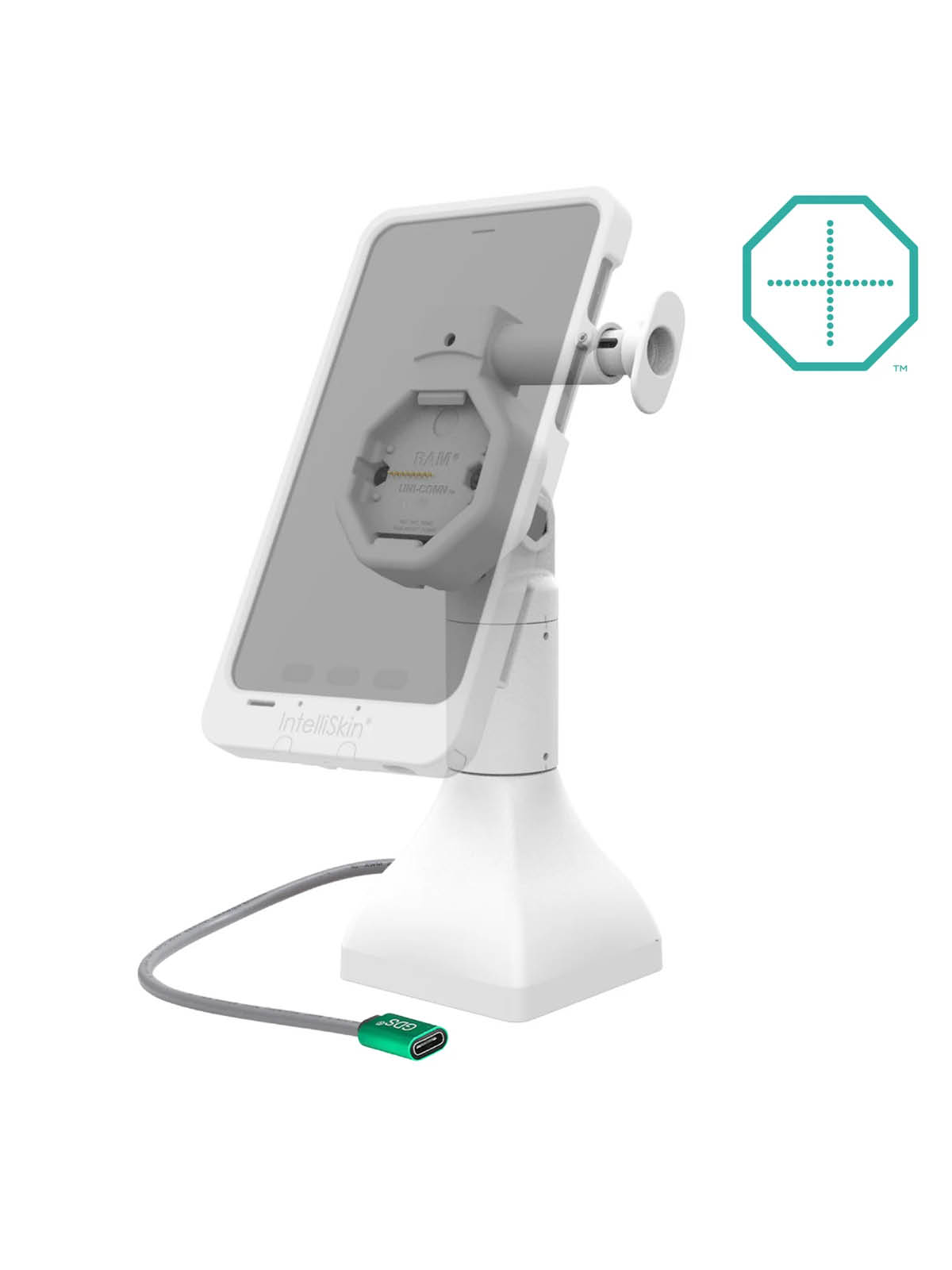 RAM Mounts GDS Uni-Conn Stand-Dockingstation (7 Zoll) mit Lösevorrichtung - Dreh-& Schwenkbar - USB-C-Anschluss - Rückseitige Pogo-Pads - hellgrau