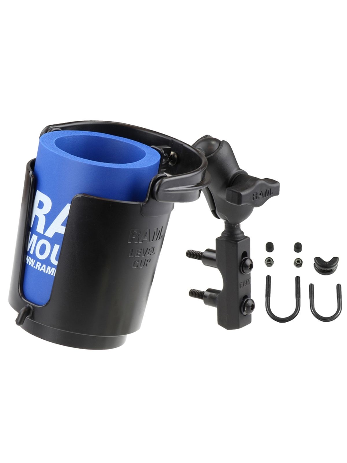 RAM Mounts Motorrad-Getränkehalterung (kurz) - mit Basisbefestigung für Lenker/Bremse/Kupplung, B-Kugel (1 Zoll), im Polybeutel
