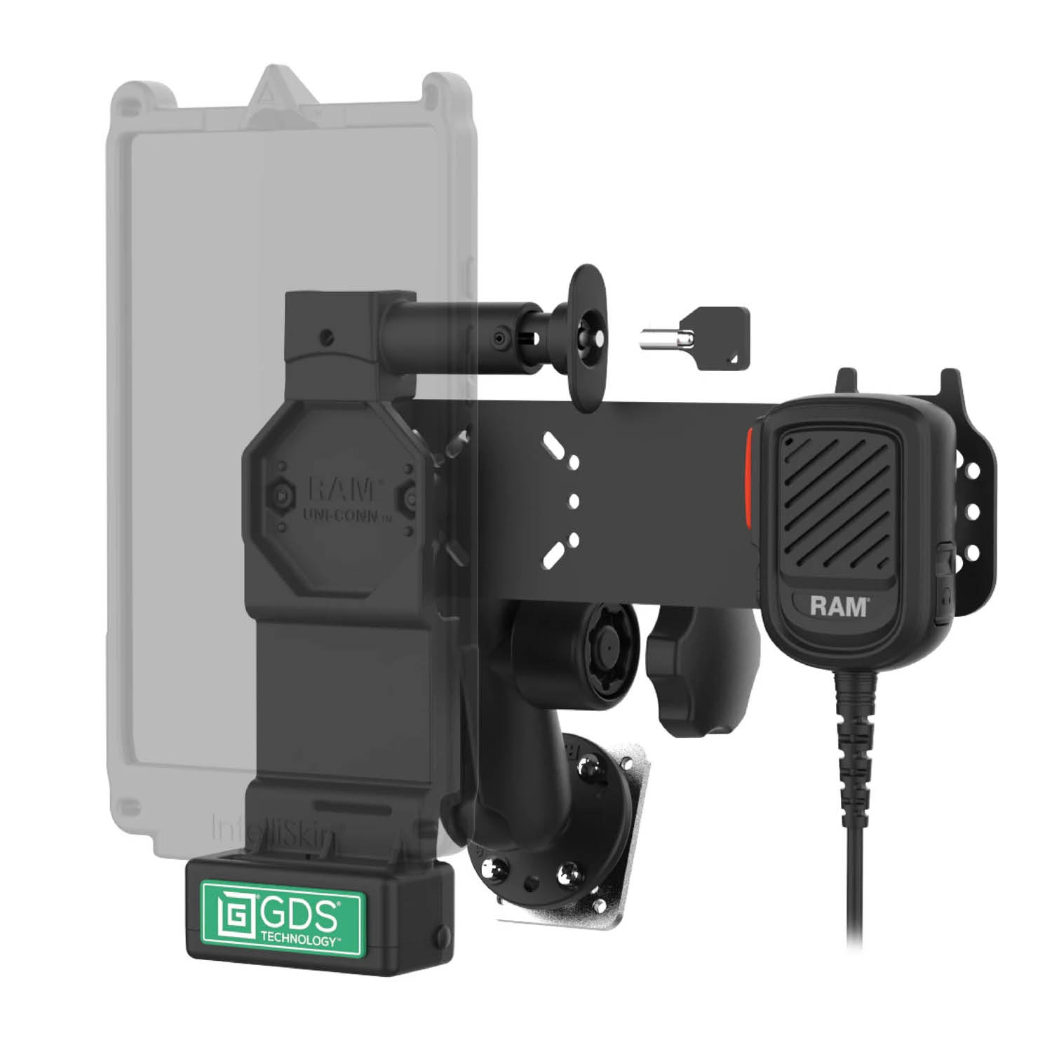 RAM Mounts GDS® Uni-Conn™ Fahrzeughalterung (abschließbar) inkl. PTT Mikrofon mit Lautsprecher für Kodiak - C-Kugel (1,5 Zoll), 4-Loch AMPS