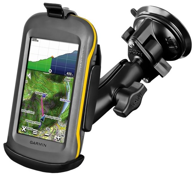 RAM Mounts Saugfuss-Halterung Garmin Montana Serie - mittlerer Verbindungsarm, 2x Diamond-Basisplatte (Trapez), Halteschale, B-Kugel (1 Zoll)