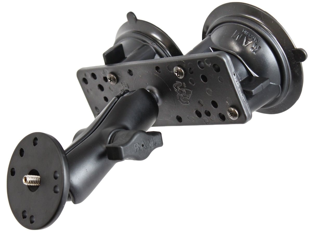 RAM Mounts Doppel-Saugfuss-Set für Kameras - Adapterplatte, mittlerer Verbindungsarm, runde Basisplatte mit 1/4"-20 Gewindestift, B-Kugel (1 Zoll)