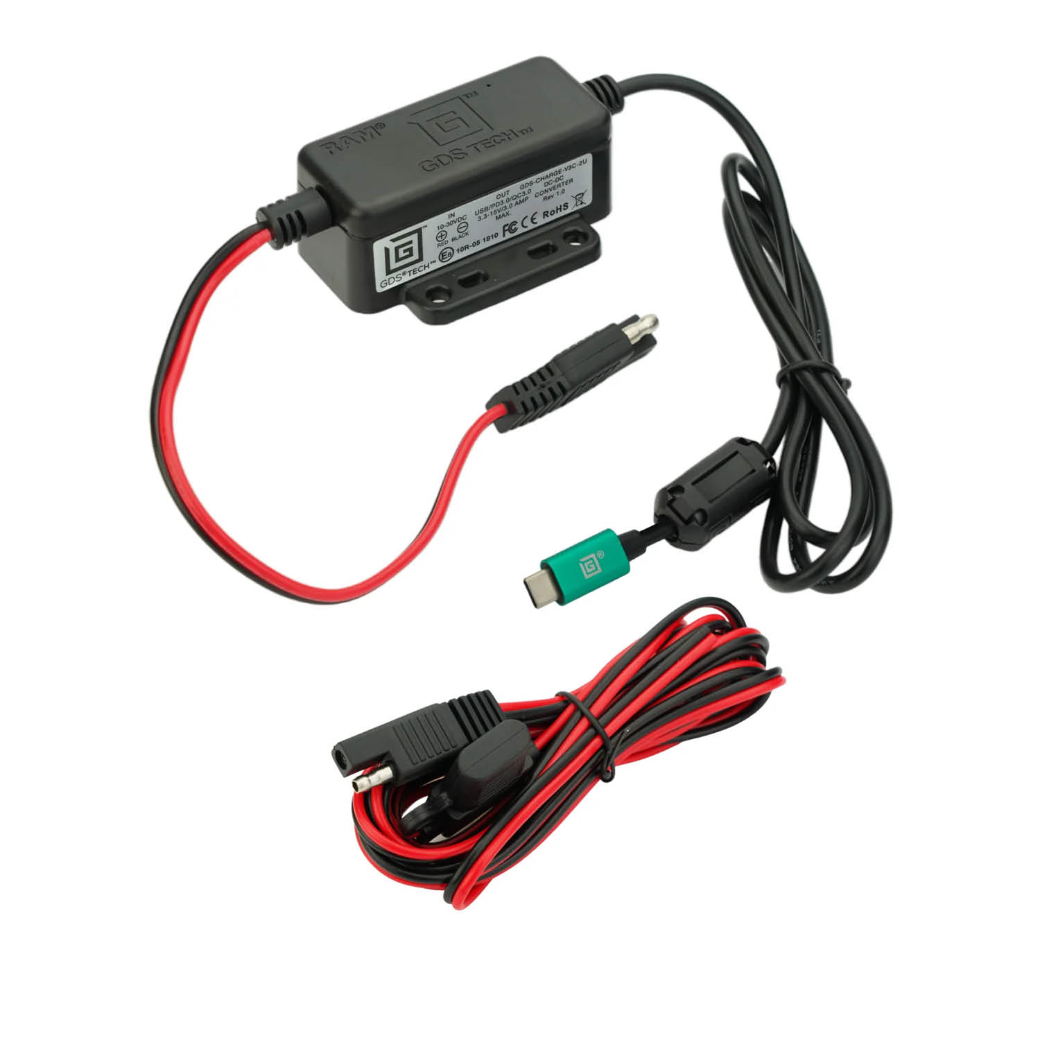 RAM Mounts GDS Strom-Modul - SAE/offene Enden, 10-30V DC Eingang, 5V-15V DC Ausgang, USB-C (männlich & PD)