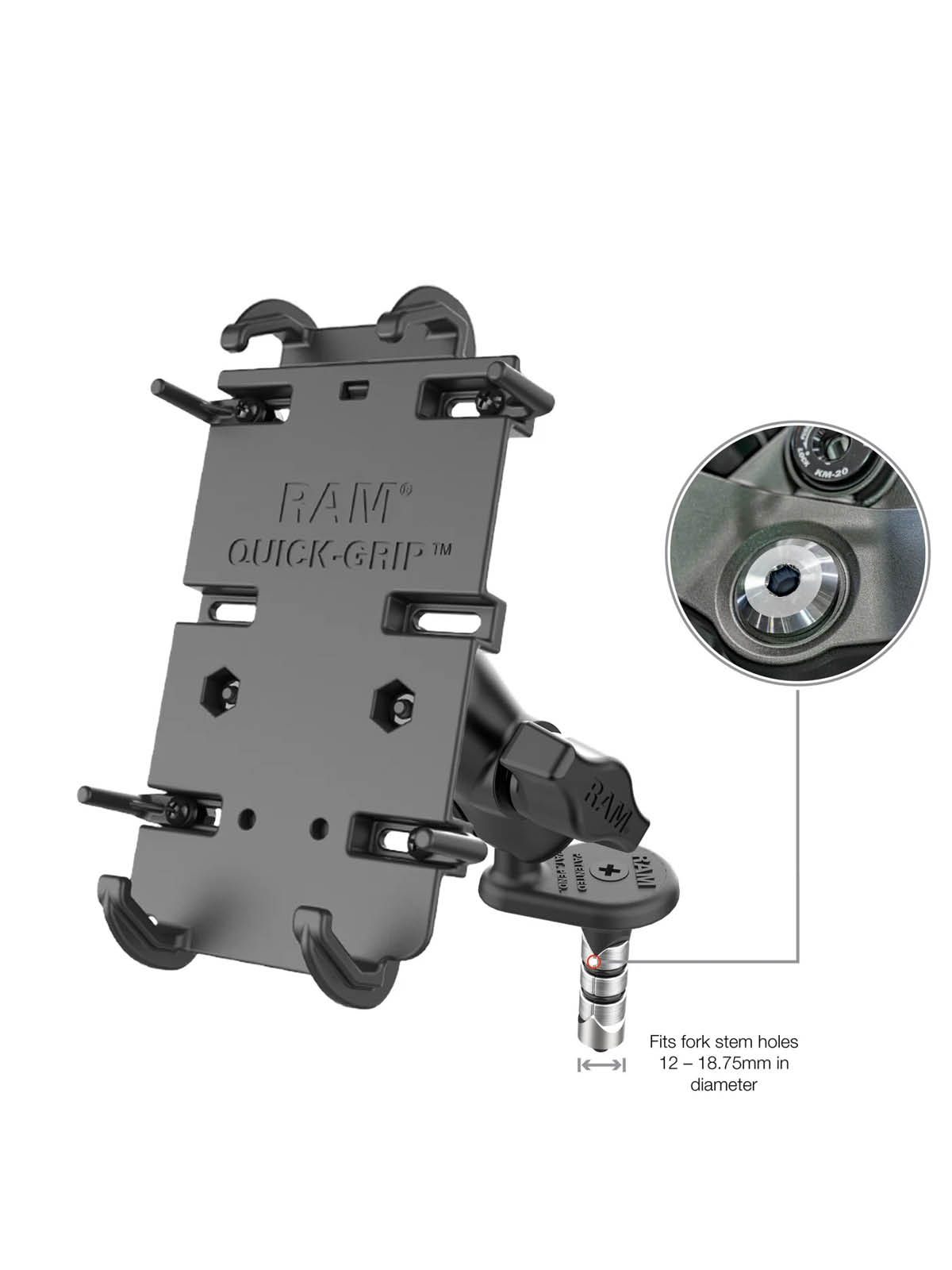 RAM Mounts Quick-Grip XL Motorrad-Halterung für Smartphones - B-Kugel (1 Zoll), Lenkerkopf-Basis (12-18 mm), kurzer Verbindungsarm