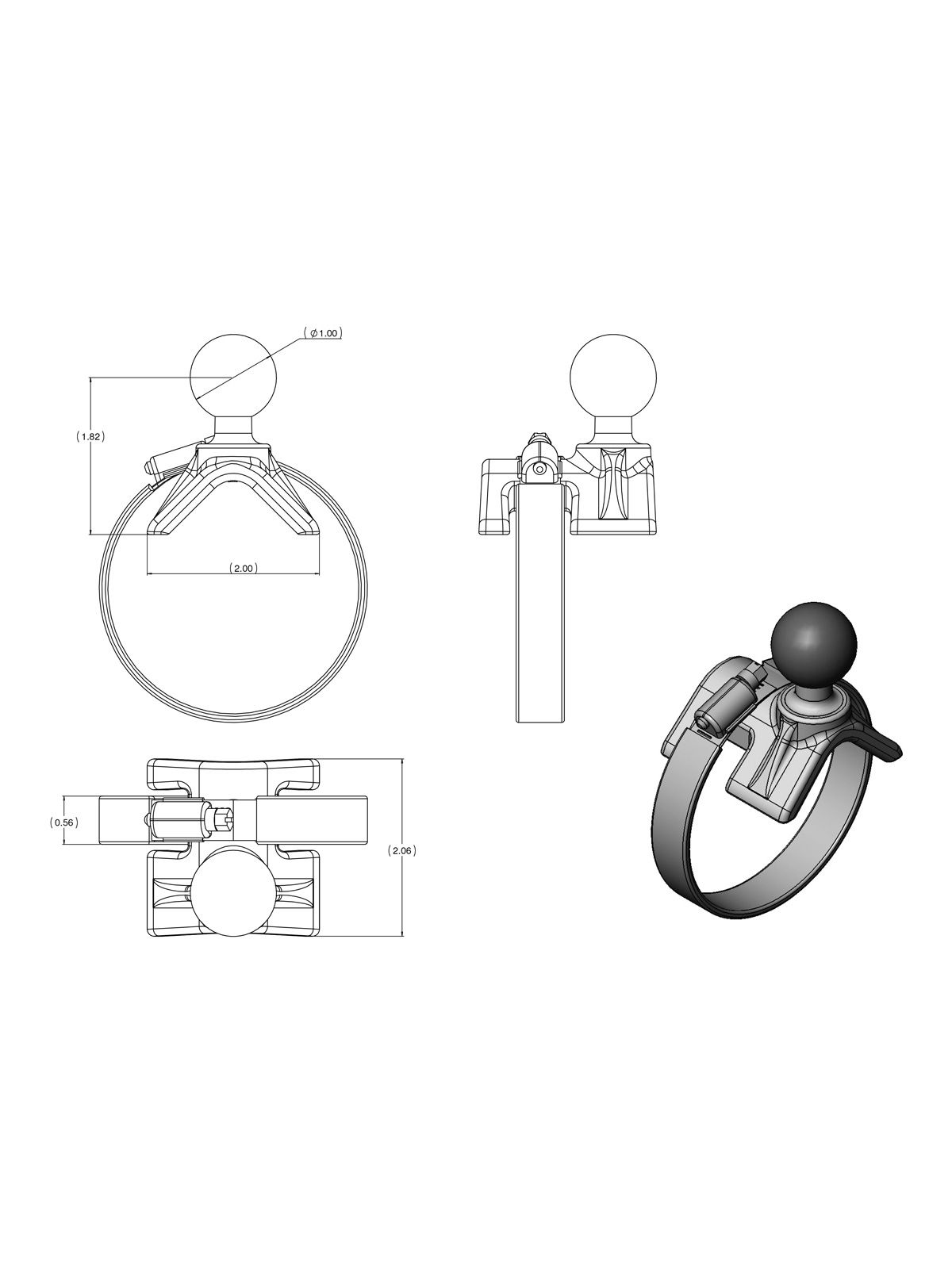 RAM Mounts V-Basis mit Rohrschelle - B-Kugel (1 Zoll), für Durchmesser 25,4-53,3 mm