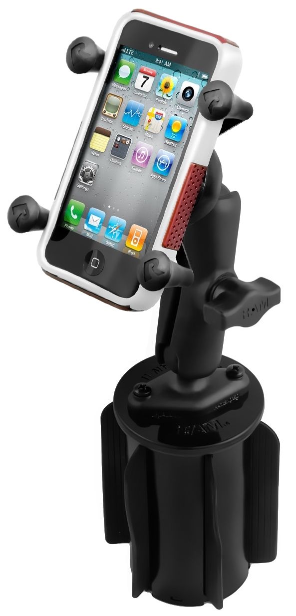 RAM Mounts X-Grip Fahrzeug-Halterung für Smartphones (Verbundstoff) - Bis 82,55 mm Breite - Mittlerer Verbindungsarm - Getränkehalter Basis (Durchmesser 65,27 mm bis 88,9 mm) - B-Kugel (1 Zoll)
