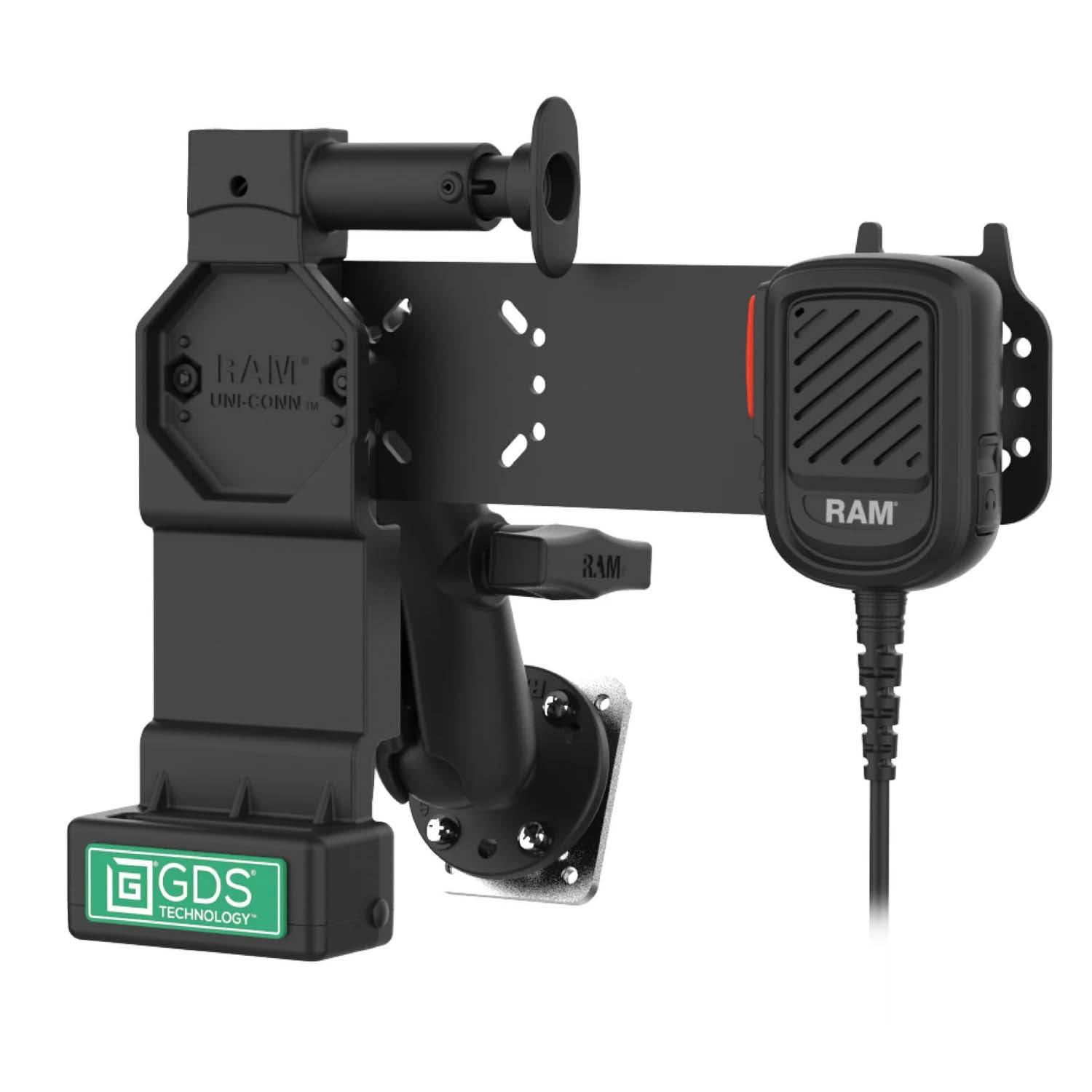 RAM Mounts GDS® Uni-Conn™ Fahrzeughalterung inkl. PTT Mikrofon mit Lautsprecher für Kodiak - C-Kugel (1,5 Zoll), 4-Loch AMPS