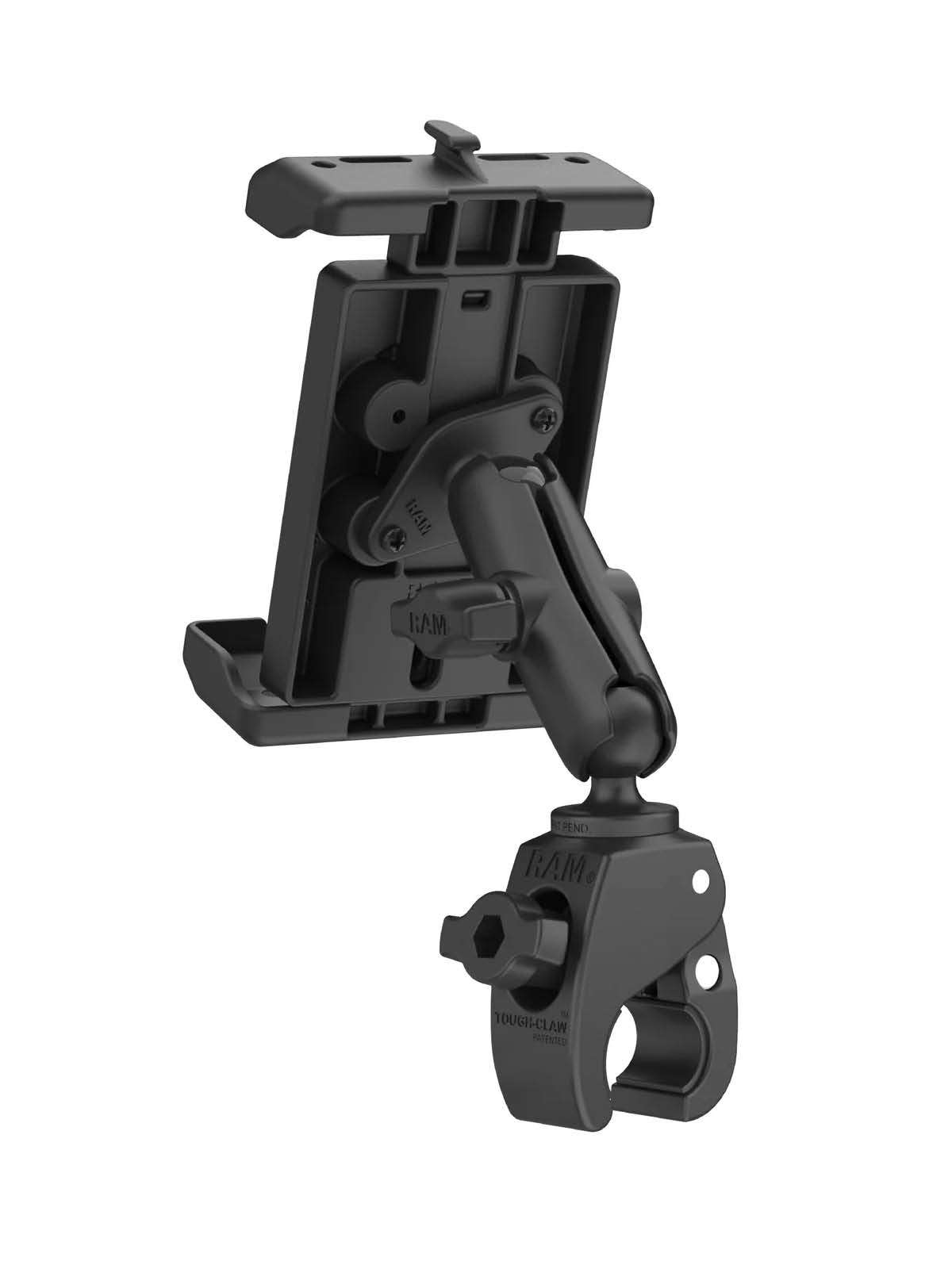 RAM Mounts Tough-Claw Halterung mit Quick-Grip Pro XL Universal-Halteschale inkl. Qi2 15W Wireless Charger - B-Kugel (1 Zoll), Tough-Claw klein (Durchmesser 15,9-29,0 mm)