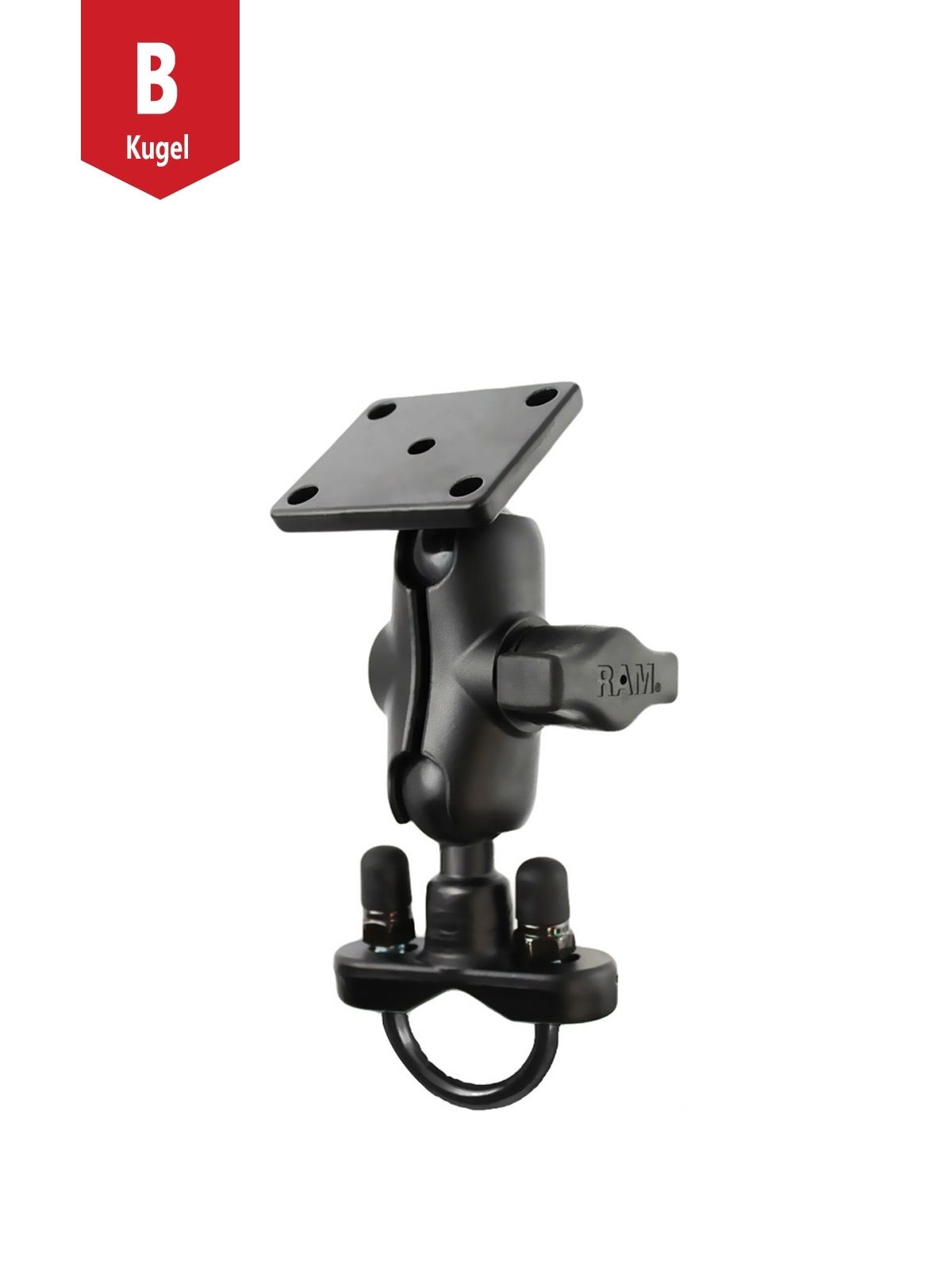 RAM Mounts Motorrad-Set für Lenker und Rundrohr - B-Kugel (1 Zoll) - 1x Rechteckige Basisplatte (AMPS) - Kurzer Verbindungsarm (ca. 61,46 mm) - 1x U-Bügel Klemmbasis (Klemmbereich 12,7 - 31,75 mm)