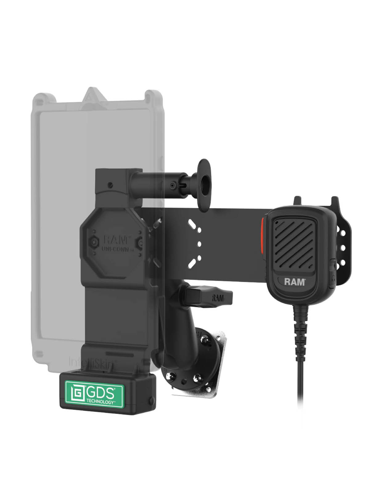 RAM Mounts GDS® Uni-Conn™ Fahrzeughalterung inkl. PTT Mikrofon mit Lautsprecher für Zello - C-Kugel (1,5 Zoll), 4-Loch AMPS